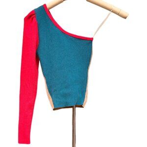 Old Navy Pink Blue Orange One Sleeve Crop Top 80s Ribbed Knit STRETCHY Small